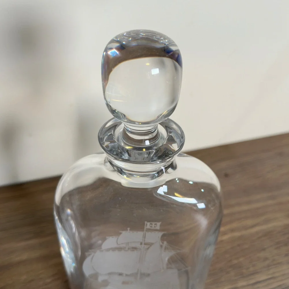 Atlantis Full Lead Crystal Decanter Portugal Etched Sailing Ship Nautical 9.5